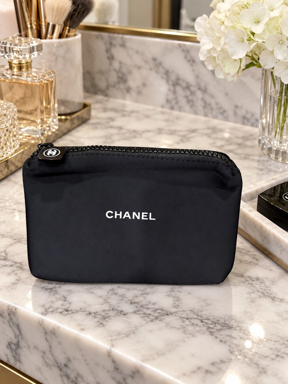 Chanel Black Zip Cosmetic Pouch | Zip-Top Makeup Storage
